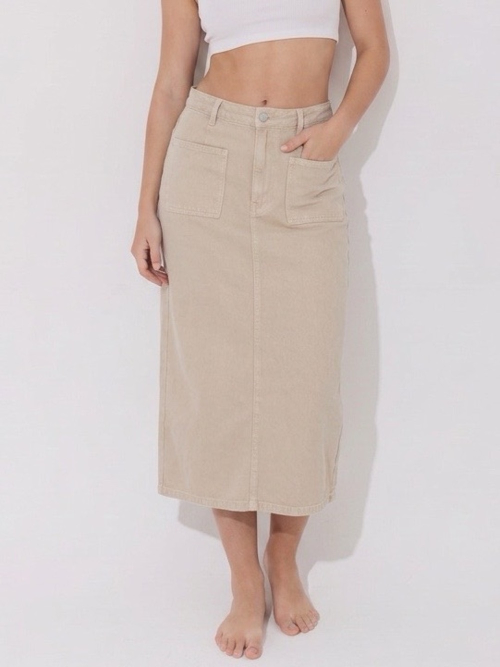MESHKI Beige Cotton Midi Skirt Front Patch Pockets Size Large NWOT - Picture 2 of 9